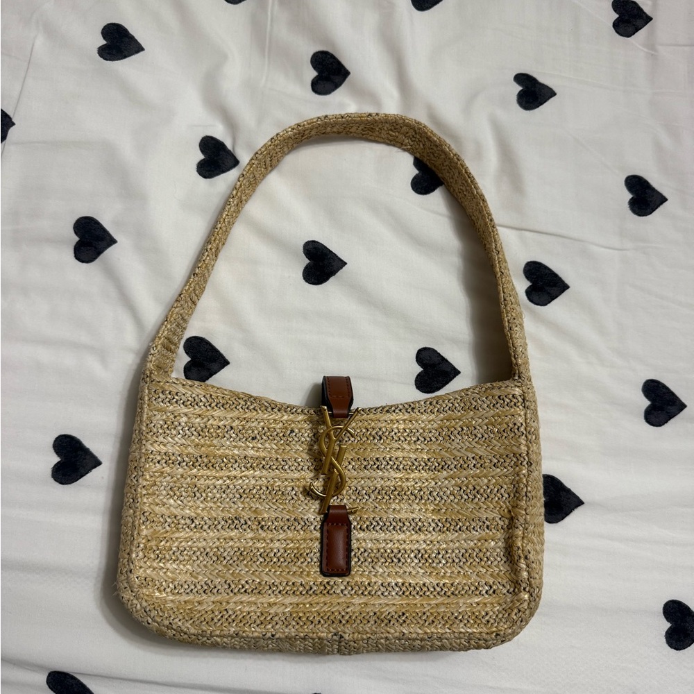 Woven Straw Shoulder Bag with Gold Accent - Natural